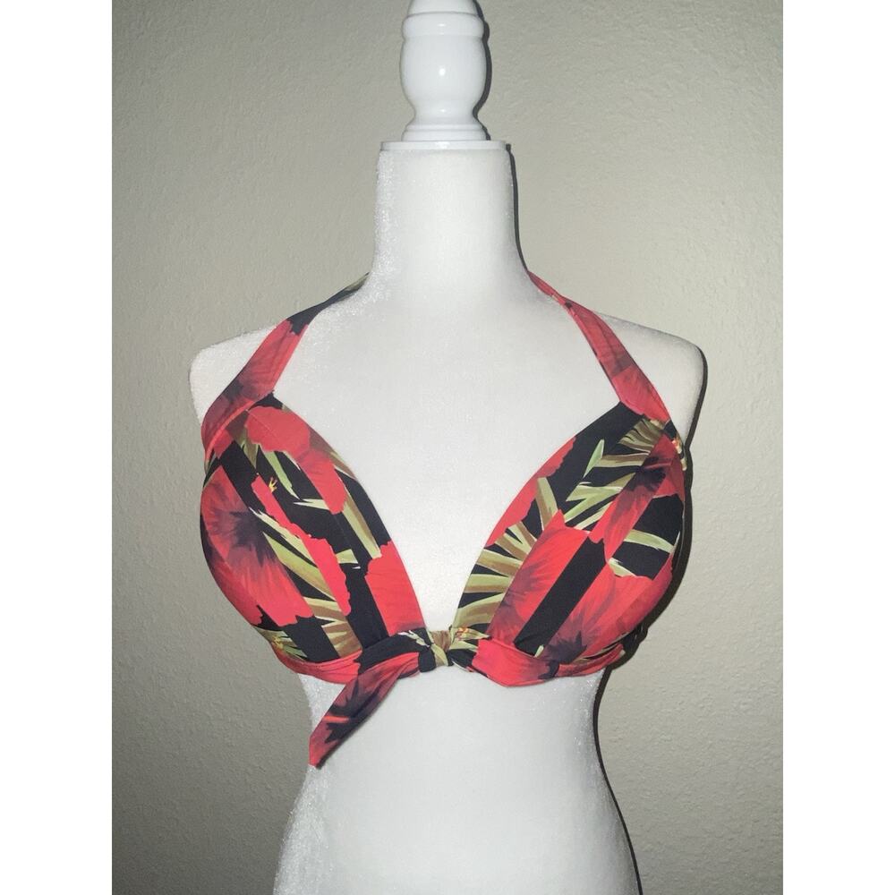 Unique Vintage Swimsuit Top Only 2XL Black Red Halter Hawaiian Tropical